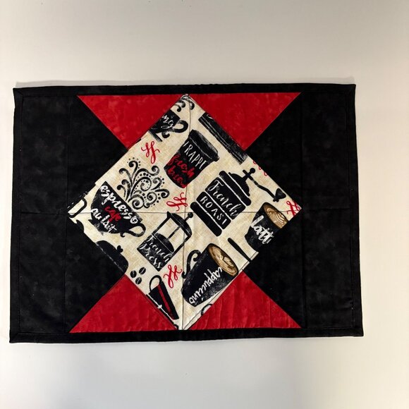 Coffee Themed Swirls Reversible Quilted Placemats Set Of 2 Red Black 16.75x12in - Picture 1 of 4